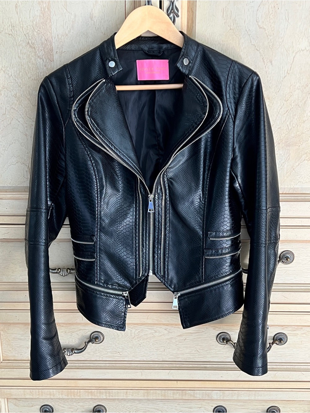Azalea Wang Black Faux Leather Moto Jacket with Textured Finish